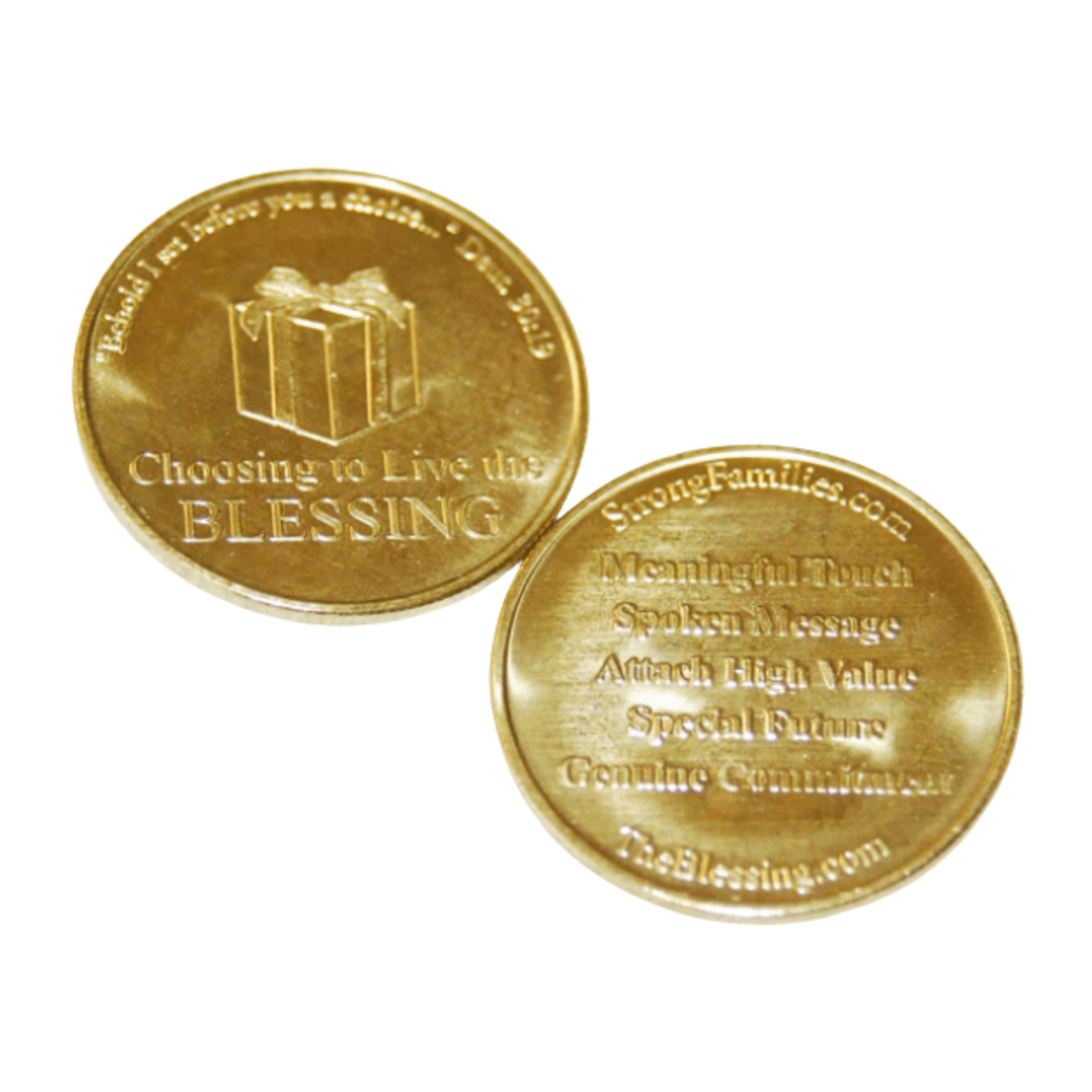 front and back view of The Blessing coins - gold coins with the 5 elements of the blessing and a scripture verse on them