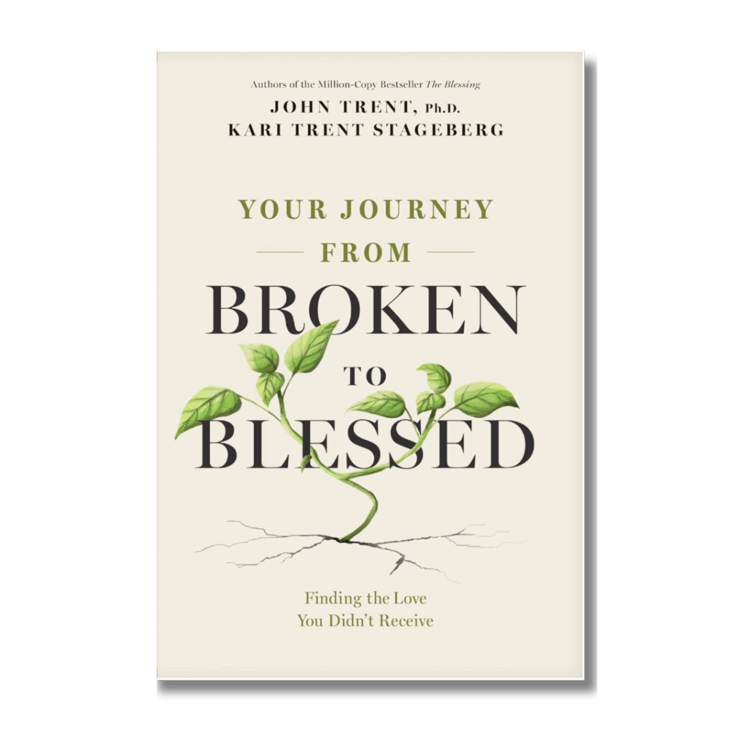 Your Journey From Broken to Blessed by Dr. John Trent and Kari Trent Stageberg book cover with tan background, a green plant, and the authors names