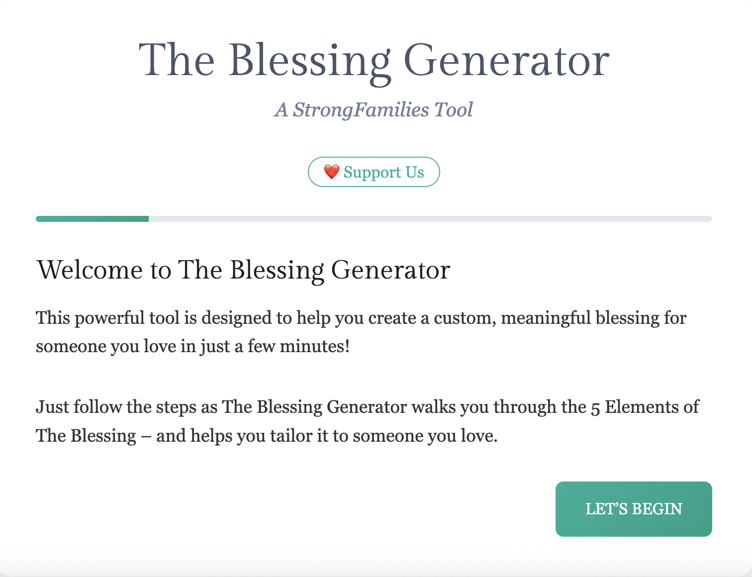 the blessing generator front page with description and let's get started button
