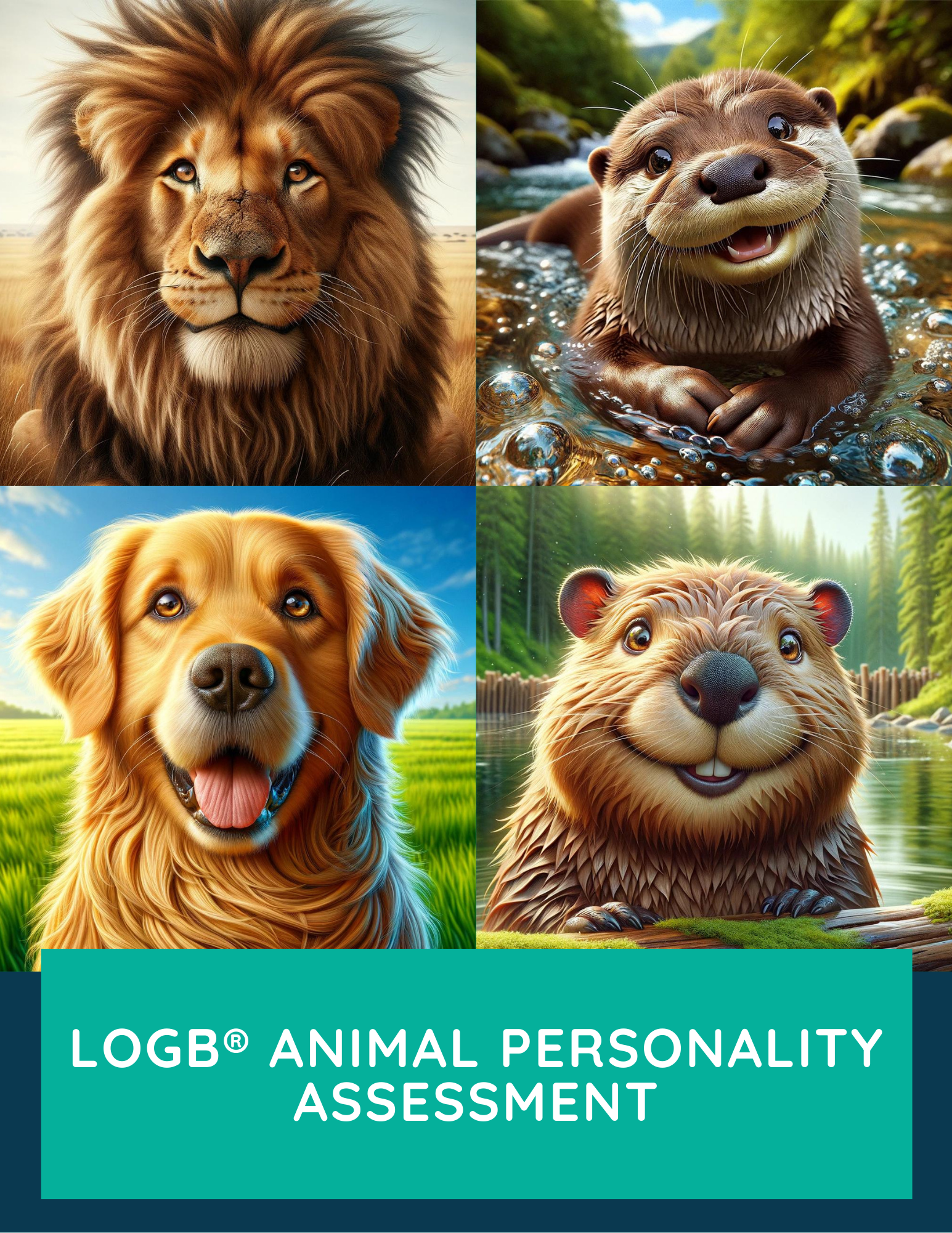LOGB Animal Personality Assessment cover with a lion, otter, golden retriever, and beaver