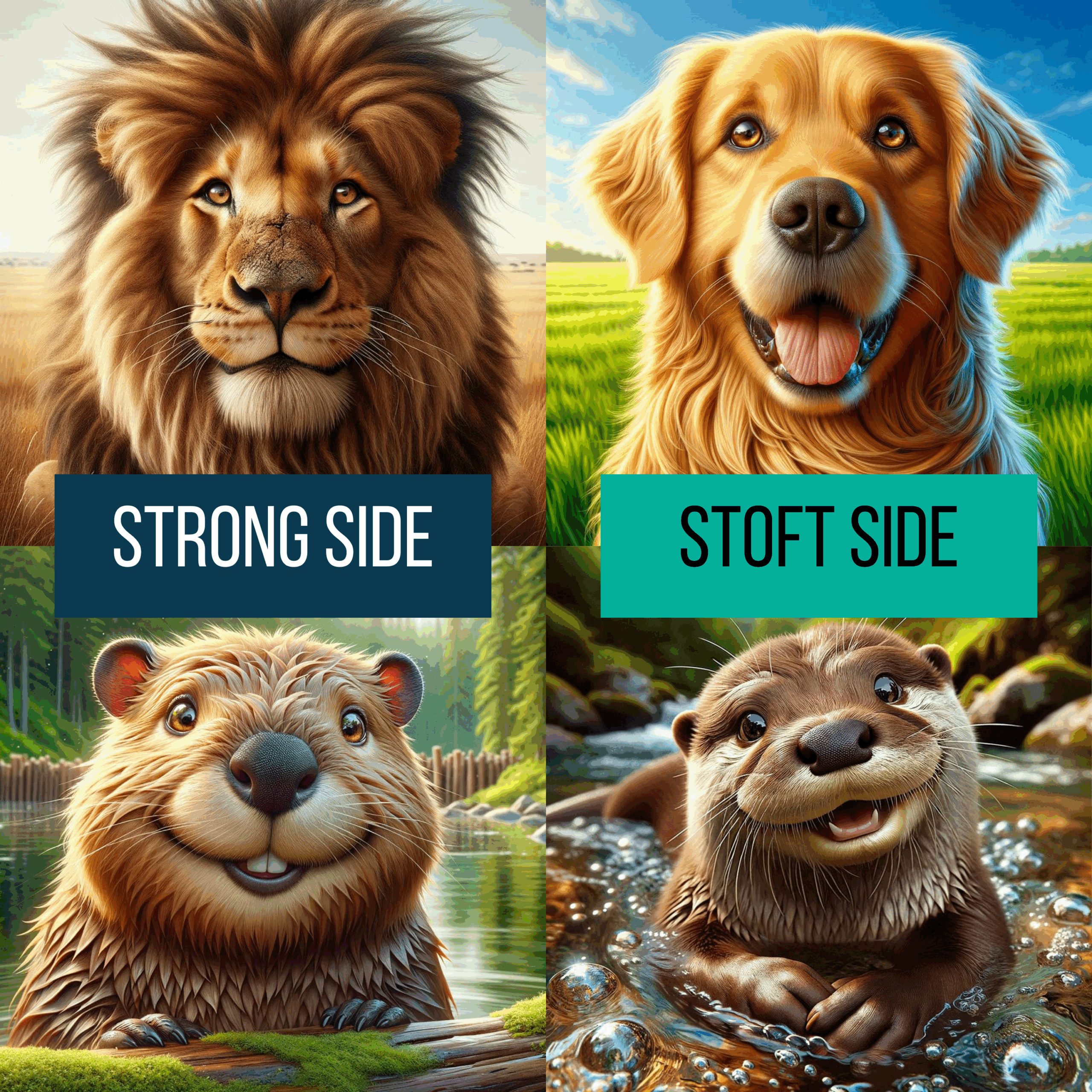 lion beaver strong side and golden retriever otter soft side